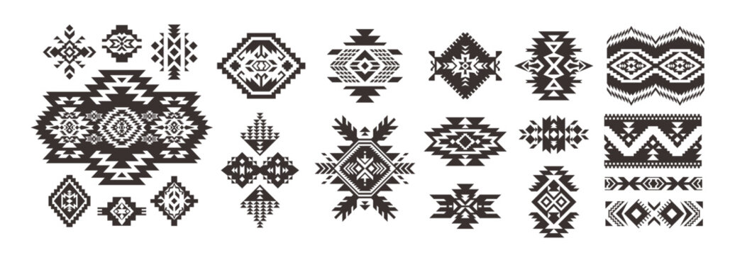 Set of Tribal decorative elements isolated on white background. Ethnic collection. Aztec geometric ornament.