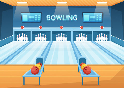 Bowling Game Illustration with Pins, Balls and Scoreboards in a Sport Club for Web Banner or Landing Page in Flat Cartoon Hand Drawn Templates
