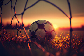 Fußball liegt am Tor mit Sonnenuntergang im Hintergrund - Ai generiert - obrazy, fototapety, plakaty