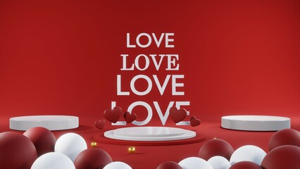 3D rendering of red podium for Valentine products on Valentine's Day.