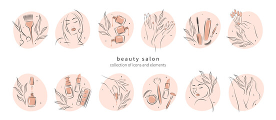Big set of elements and icons for beauty salon. Nail polish,  manicured female hands and legs, beautiful woman face, lipstick, eyelash extension, makeup, hairdressing. Vector illustrations