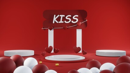 3D rendering of red podium for Valentine products on Valentine's Day.