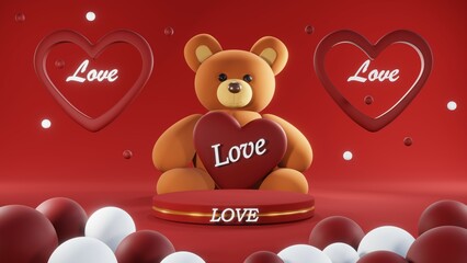 3D rendering of red podium for Valentine products on Valentine's Day.