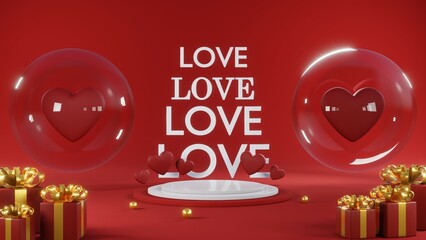 3D rendering of red podium for Valentine products on Valentine's Day.