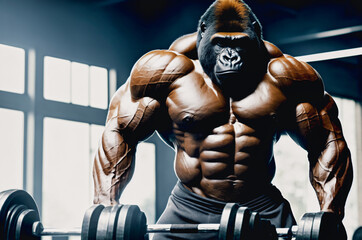 Fototapeta na wymiar muscular bodybuilding gorilla is posing for a picture in a gym with bright window in the back and light from above with a barbell and a weight plate in front of him, generative AI