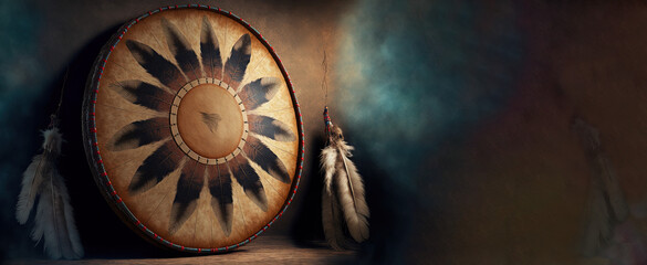 shaman drum decorated with feathers. Copy space, text space. shamanism, drum, feathers, tribal. illustration, generative art.