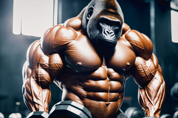 muscular bodybuilding gorilla is posing for a picture in a gym with bright window in back and light from above with a barbell and a weight plate in front of him, generative AI