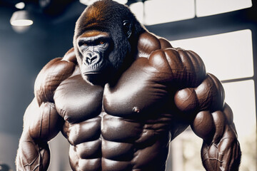 Fototapeta na wymiar closeup muscular bodybuilding gorilla is posing for a picture in a gym with bright window in back and light from above with a barbell and a weight plate in front of him, generative AI