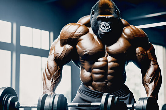 muscular bodybuilding gorilla is posing for a picture in a gym with bright window in the back and light from above with a barbell and a weight plate in front of him, generative AI