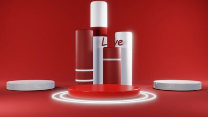 3D rendering of red podium for Valentine products on Valentine's Day.