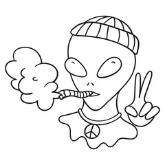 Isolated vector illustration of smoking alien. Cute thin line icon for design, cover etc.