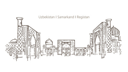 Uzbekistan, Samarkand, Registan. Architectural attraction. Vector image.