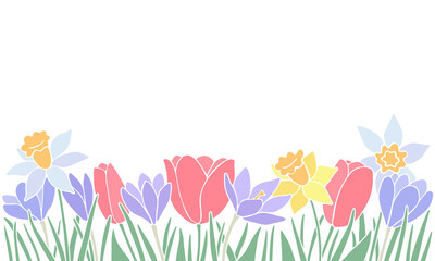 Spring flowers border with crocus, daffodils, and tulips with stems and leaves