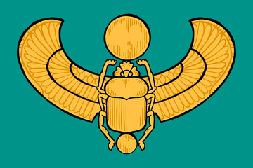 Egyptian sacred Scarab engraving style vector illustration. Ancient historical character personifying Khepri god.
