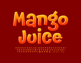 Vector tasty Sign Mango Juice. Funny glossy Font. Bright Modern Alphabet Letters and Numbers