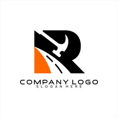 Letter R concept construction business vector logo design with highway and hammer.