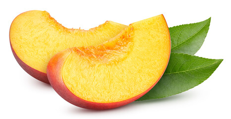 Peach isolated with leaves. Peach on white. Full depth of field. With clipping path