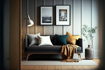 Modern concept of domestic interior with design sofa, wooden room screen, pillow, blanket, picture frame , carpet decor, side table and elegant personal accessories in stylish home decor. 