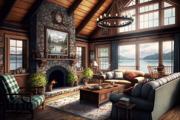 Obraz premium Cozy Lake House Living Room With Lake View,hyperrealism, photorealism, photorealistic