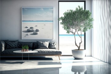 Indoor plant on white floor with empty concrete wall background, Lounge and coffee table near glass window in sea view living room of modern luxury beach house or hotel - Home interior 3d illustration