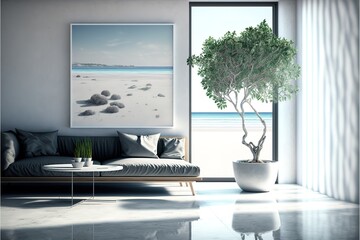 Indoor plant on white floor with empty concrete wall background, Lounge and coffee table near glass window in sea view living room of modern luxury beach house or hotel - Home interior 3d illustration