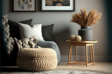 nterior design of living room with stylish pouf, carpet decor, slippers, picture frame, pillow, blanket, ethno rattan basket with dried flower, wooden screen and elegant personal