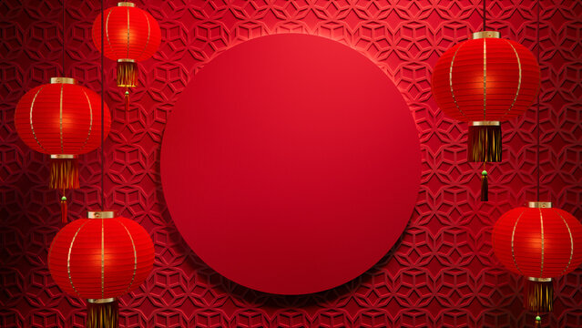 Chinese New Year Template with Circle Frame and Lanterns on 3D Patterned Background. Red Asian design with copy-space.