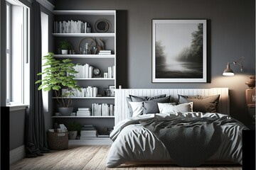 Interior of a modern bedroom with gray walls, a wooden floor, a double bed and a bookcase. A horizontal poster frame above the bed. 3d rendering mock up