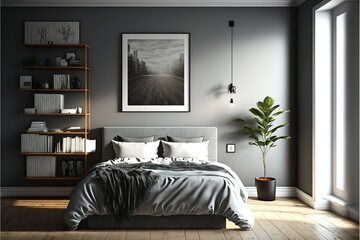 Interior of a modern bedroom with gray walls, a wooden floor, a double bed and a bookcase. A horizontal poster frame above the bed. 3d rendering mock up