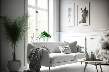 Stylish room in white color with sofa. Scandinavian interior design. 3D illustration,hyperrealism, photorealism, photorealistic