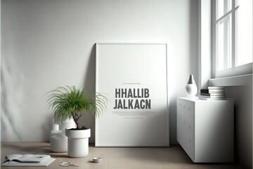White Interior with mock up poster for presentation, 3d render, 3d illustration.hyperrealism, photorealism, photorealistic