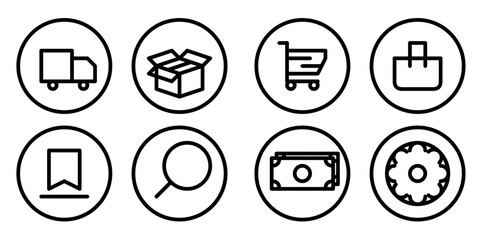 set of online shop icon, truck, cardboard, packing, cart, bag, save, search, money, pay, gear, setting