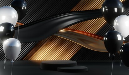 3D rendering of black podium background for black friday product on podium