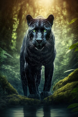 Wunderschöner schwarzer panther läuft durch einen Dschungel - Ai generiert