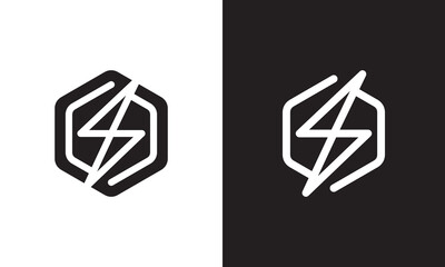 lightning hexagon logo. flash energy bolt outline style concept icon vector illustration.