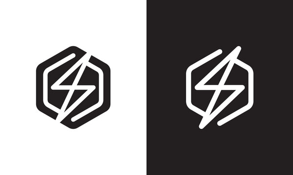 Lightning Hexagon Logo. Flash Energy Bolt Outline Style Concept Icon Vector Illustration.