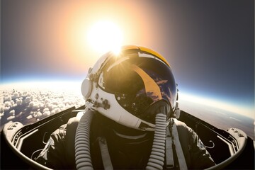 Fototapeta Military pilot in protective helmet in plane in space AI obraz