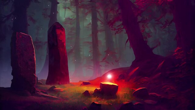 Fairyland wood forest with stone with magical runes, digital concept art. Fantasy landscape loop animation.
