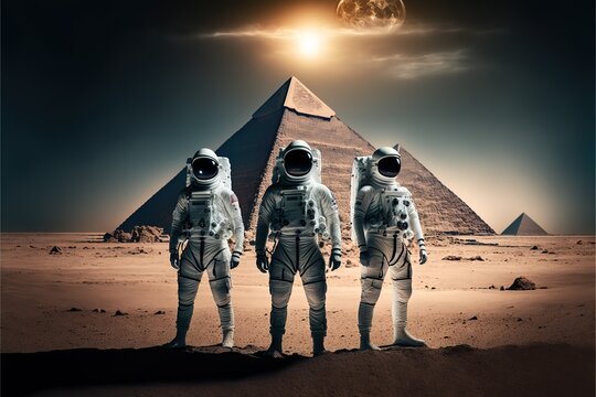 Astronauts in space suits stand against Egyptian pyramids AI