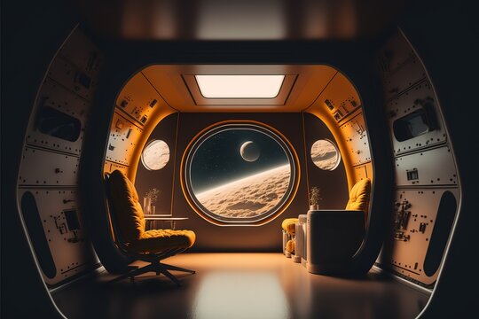 View on moon and Earth from porthole of spaceship AI