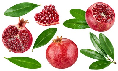 Pomegranate collection with leaves isolated on white background. Pomegranate set Clipping Path....