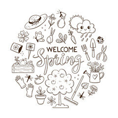 Hand drawn seasonal background with gardening elements. Gardening tools, plants and flowers. Doodle vector illustration with isolated elements.