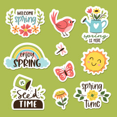Cute spring sticker collection. Hand-drawn colorful stickers with seasonal spring decorative sentences and elements. Vector illustration. Set 1 of 2.