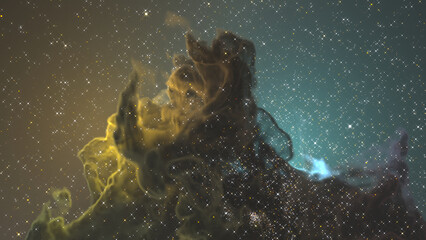 3D rendering of cluster of bright particles and mass of smoke resembling stars and cosmic clouds and dusts or nebula 