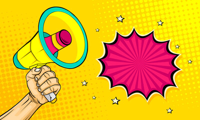 Hand hold megaphone cartoon comic style background