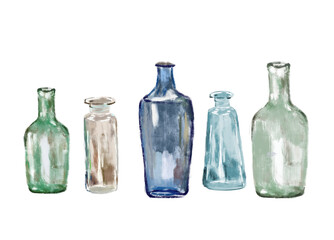 Glass bottles isolated on white, png illustration, transparent background.