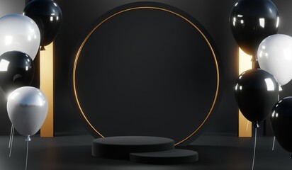 3D rendering of black podium background for black friday product on podium