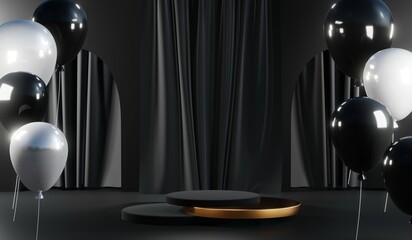 3D rendering of black podium background for black friday product on podium