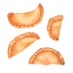 Hand-drawn watercolor indian food gujiya. Traditional Holi food