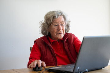 Elderly lady is happe about something she found in the internet by using her kinda aged laptop